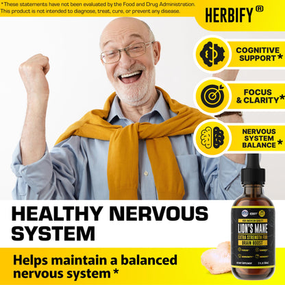 HERBIFY Lions Mane Supplement - Daily Mushroom Supplement for Memory, Focus & Clarity - Brain Booster - Lions Mane Tincture for Immune Support - 4 Fl oz - PrimeBioHealth - canada supplements