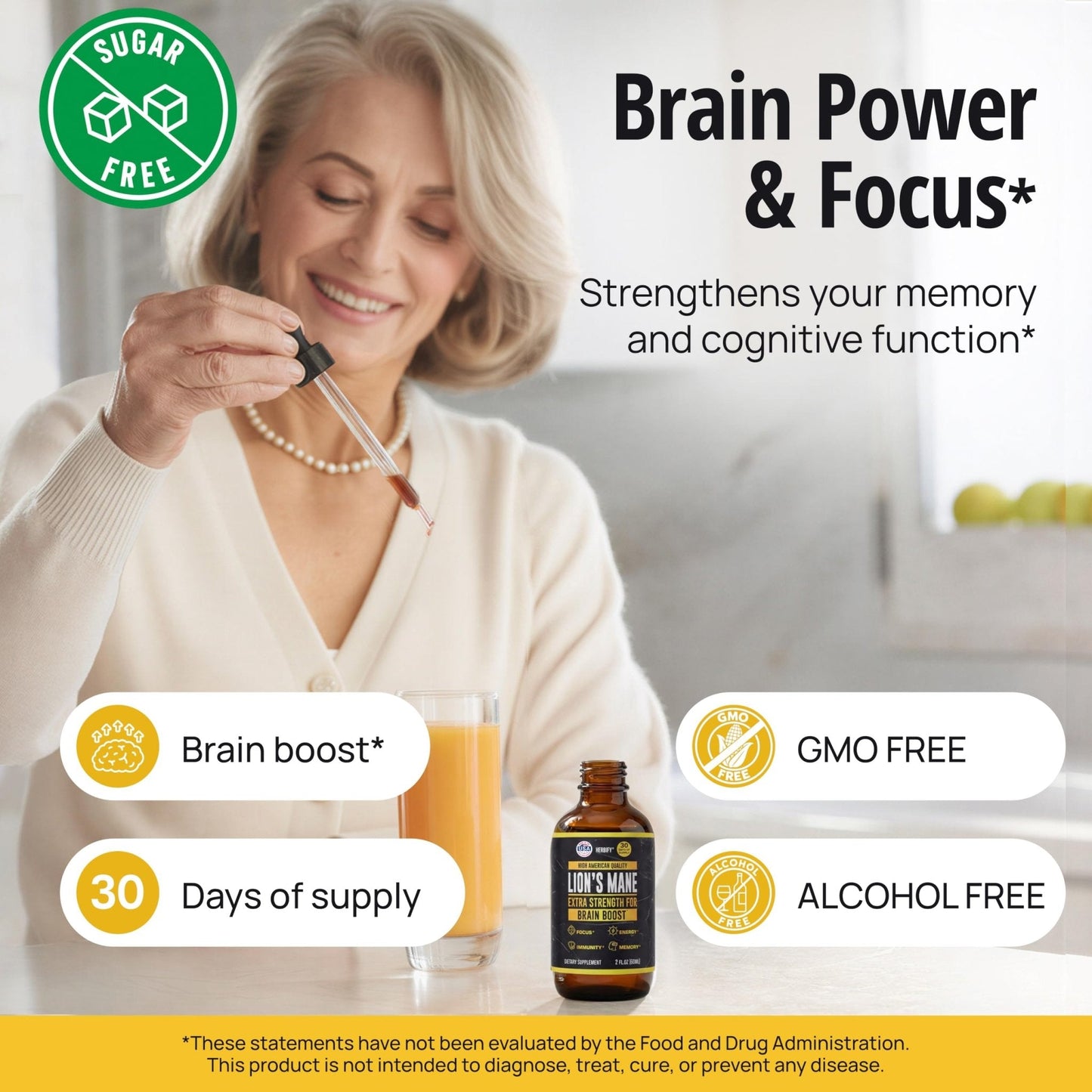 HERBIFY Lions Mane Supplement - Daily Mushroom Supplement for Memory, Focus & Clarity - Brain Booster - Lions Mane Tincture for Immune Support - 4 Fl oz - PrimeBioHealth - canada supplements
