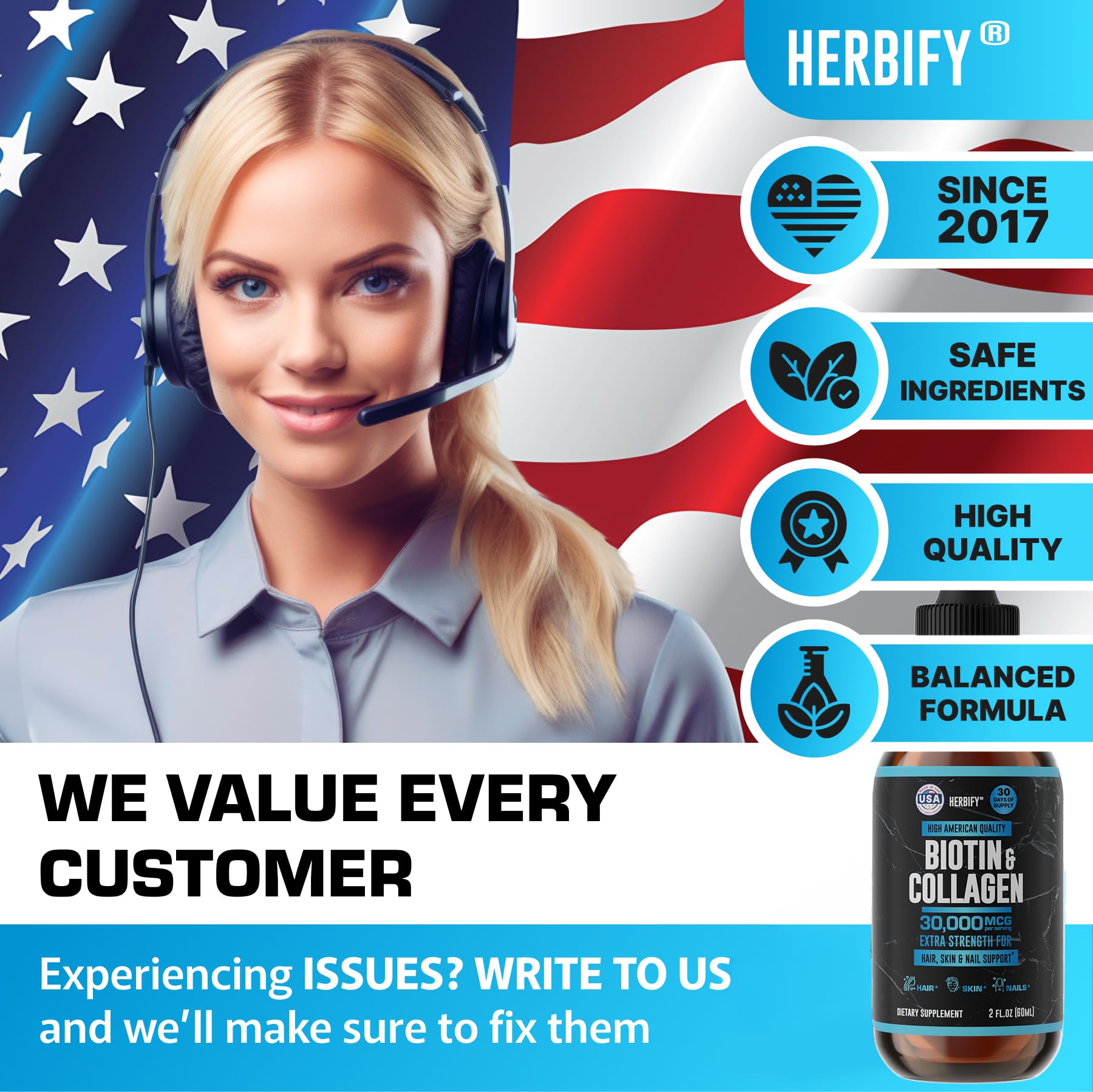 HERBIFY Liquid Biotin and Collagen Drops for Women & Men, 30 Days of Supply - Support Hair, Skin & Nails - Liquid Collagen for Women - 2 FL Oz Made in USA - PrimeBioHealth - canada supplements