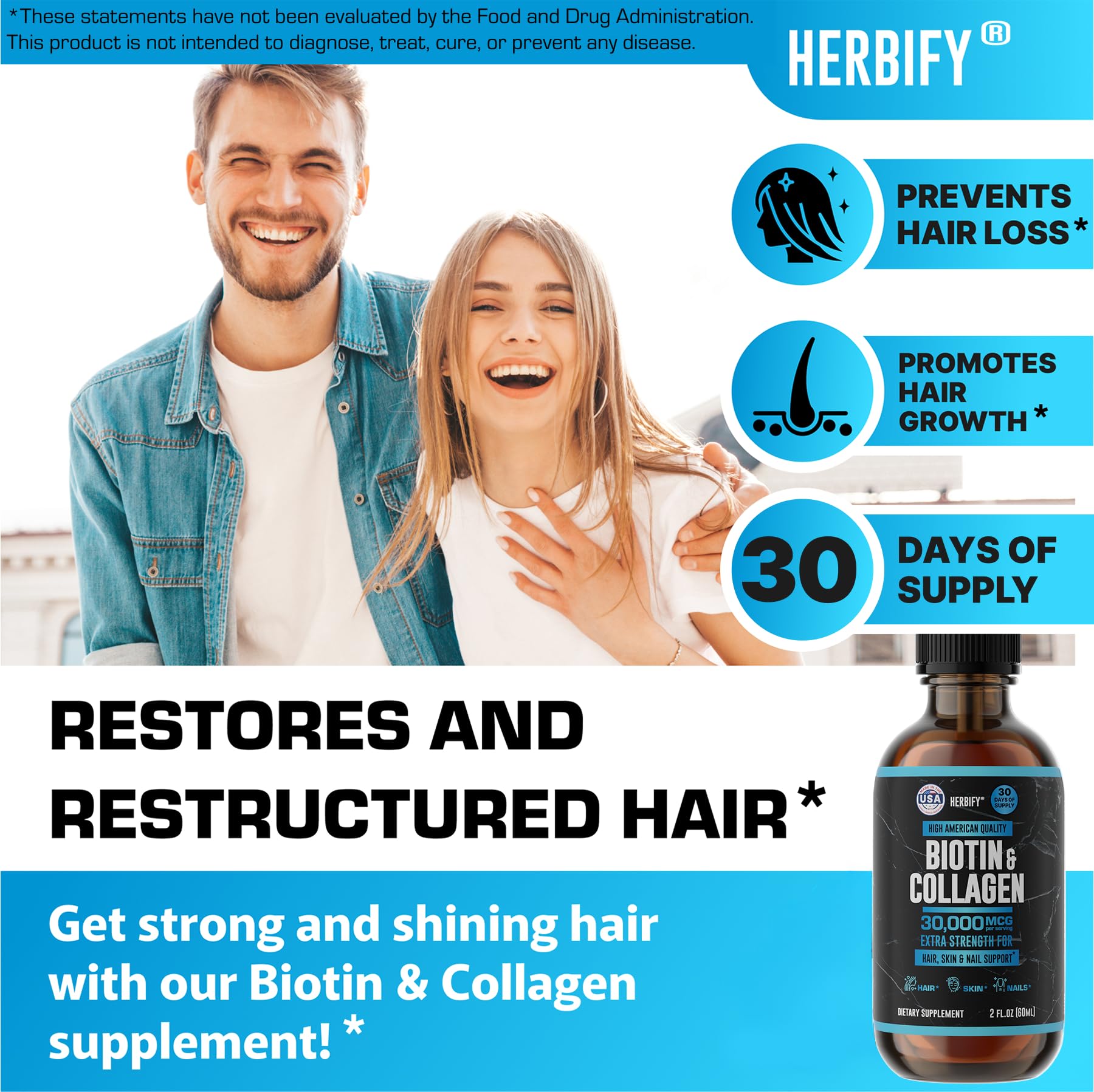 HERBIFY Liquid Biotin and Collagen Drops for Women & Men, 30 Days of Supply - Support Hair, Skin & Nails - Liquid Collagen for Women - 2 FL Oz Made in USA - PrimeBioHealth - canada supplements