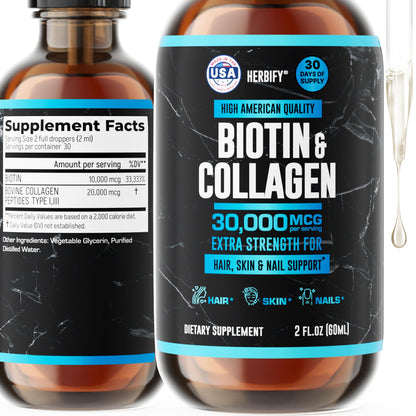 HERBIFY Liquid Biotin and Collagen Drops for Women & Men, 30 Days of Supply - Support Hair, Skin & Nails - Liquid Collagen for Women - 2 FL Oz Made in USA - PrimeBioHealth - canada supplements