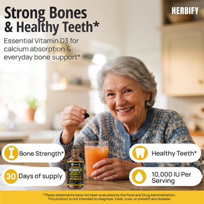 HERBIFY Vitamin D3 10000 IU - Made in USA Liquid Vitamin D Drops - Bone Strength and Immune Support Supplement - Sunshine Replacement - D3 Vitamin Bone and Teeth Supplement - 30 Days Supply - 2 Oz - PrimeBioHealth - canada supplements