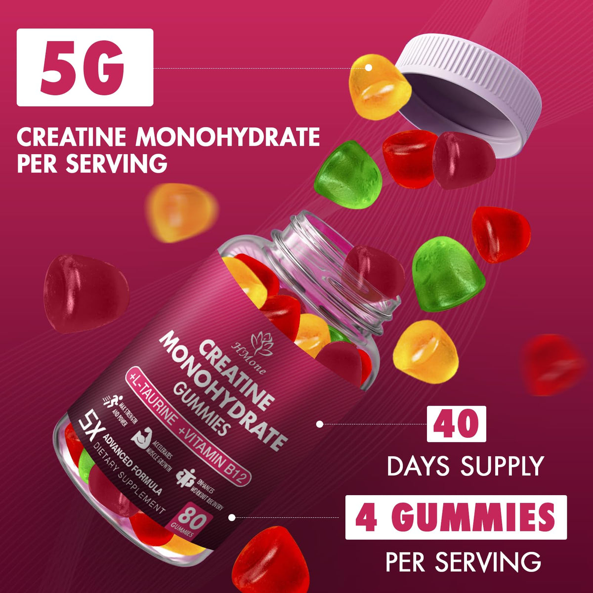 HMone Creatine Monohydrate Gummies - 5g for Men & Women, 160 Count and Creatine Chewable Supplements for Muscle Gain, Muscle Strength, Energy Boost - PrimeBioHealth - canada supplements