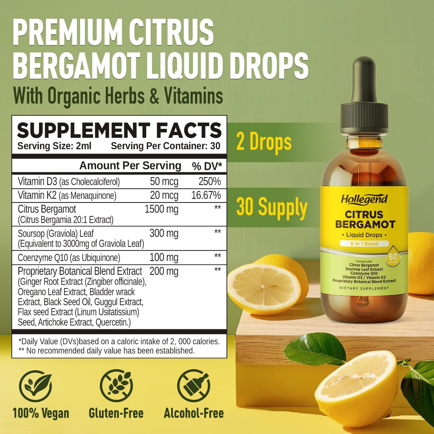 HOLLEGEND Citrus Bergamot Liquid Drops, Organic Citrus Bergamot 1000mg Supplement, Plus Soursop, CoQ10, Vitamin D3, K2, - PrimeBioHealth - canada supplements