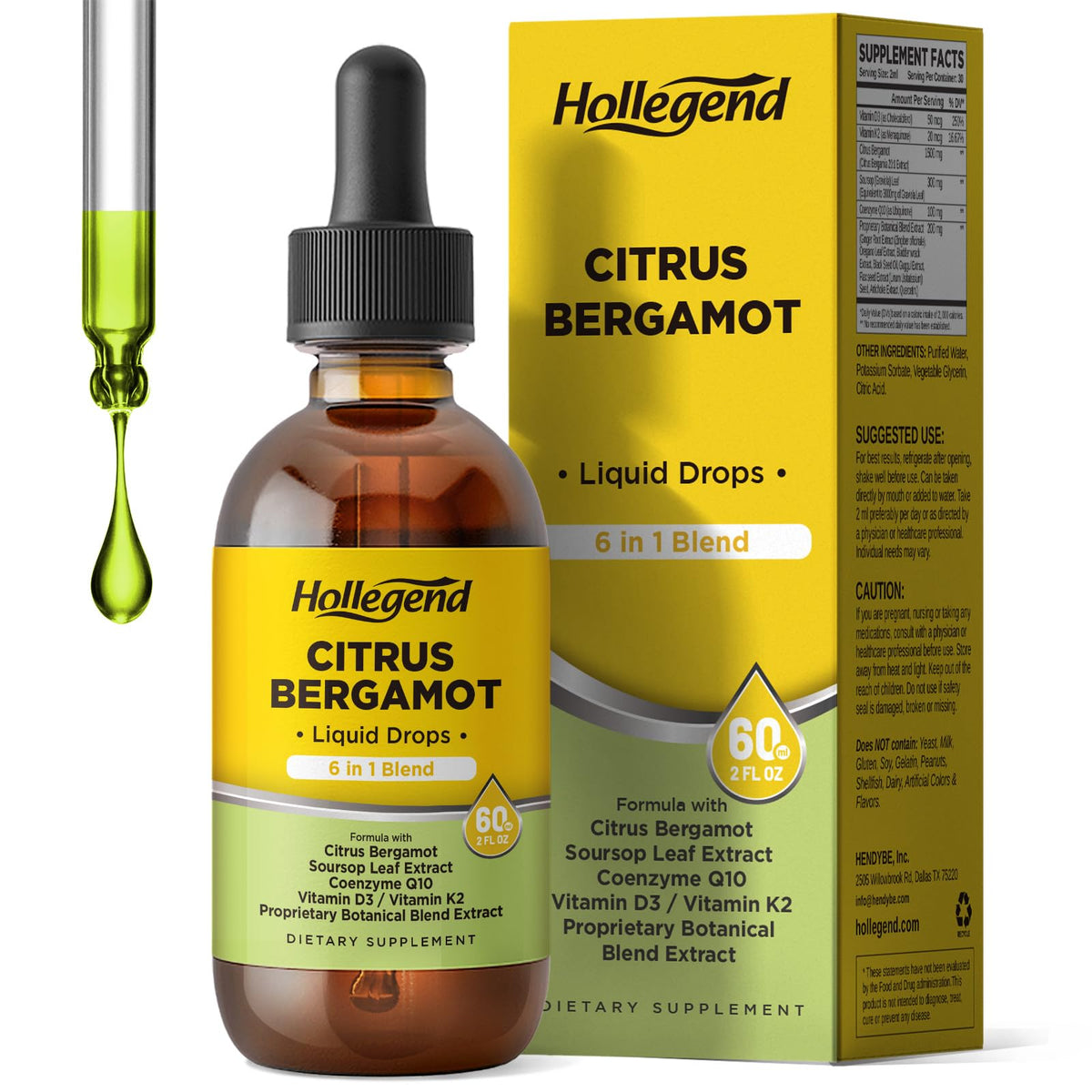 HOLLEGEND Citrus Bergamot Liquid Drops, Organic Citrus Bergamot 1000mg Supplement, Plus Soursop, CoQ10, Vitamin D3, K2, - PrimeBioHealth - canada supplements
