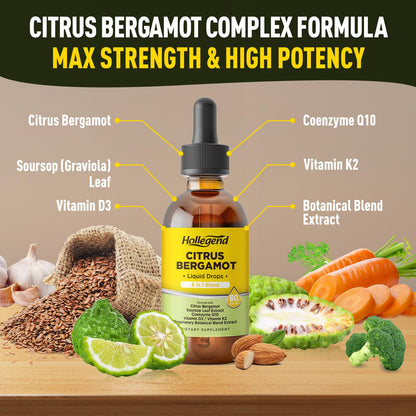 HOLLEGEND Citrus Bergamot Liquid Drops, Organic Citrus Bergamot 1000mg Supplement, Plus Soursop, CoQ10, Vitamin D3, K2, - PrimeBioHealth - canada supplements