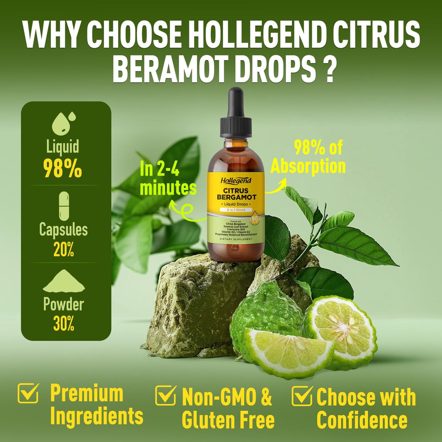 HOLLEGEND Citrus Bergamot Liquid Drops, Organic Citrus Bergamot 1000mg Supplement, Plus Soursop, CoQ10, Vitamin D3, K2, - PrimeBioHealth - canada supplements
