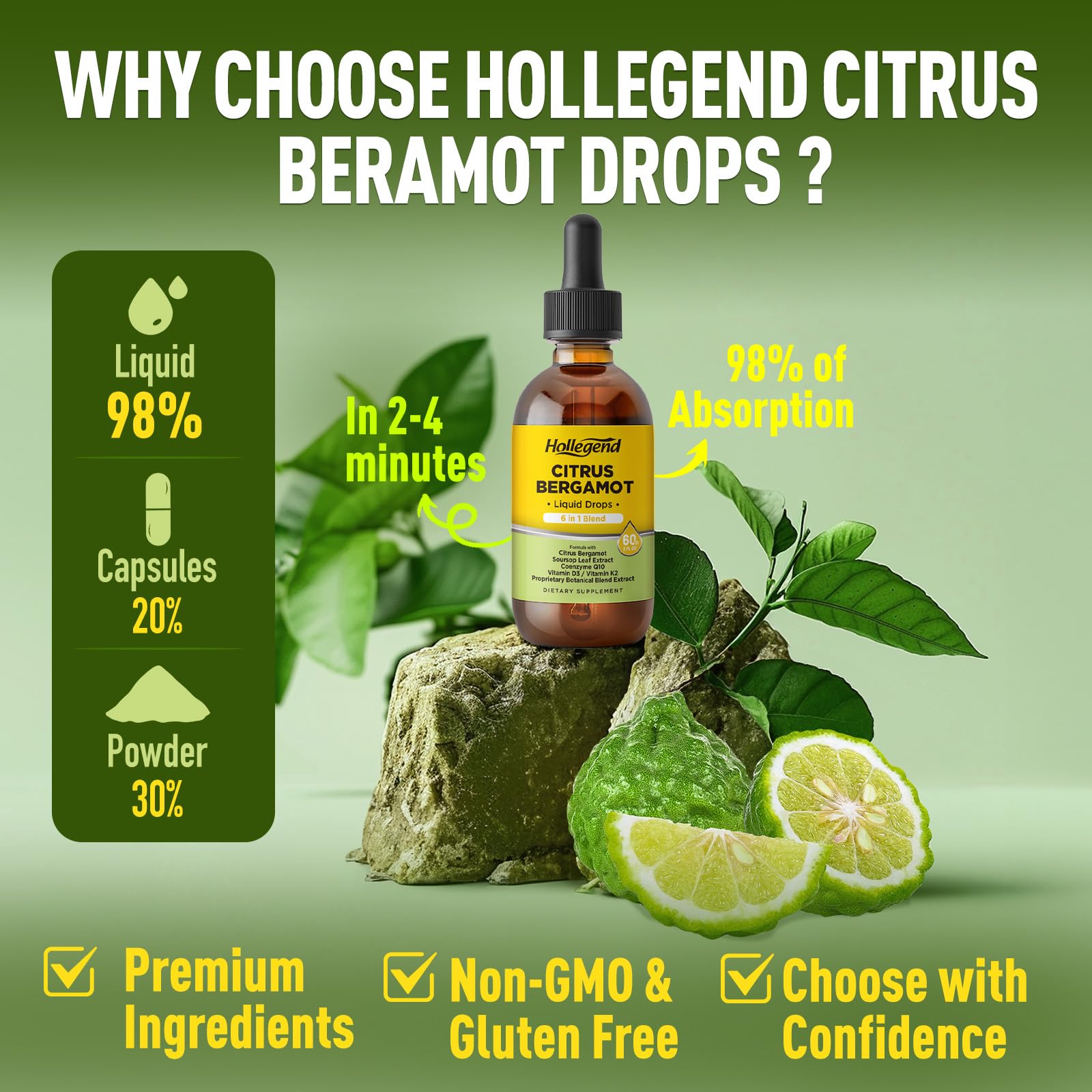 HOLLEGEND Citrus Bergamot Liquid Drops, Organic Citrus Bergamot 1000mg Supplement, Plus Soursop, CoQ10, Vitamin D3, K2, - PrimeBioHealth - canada supplements