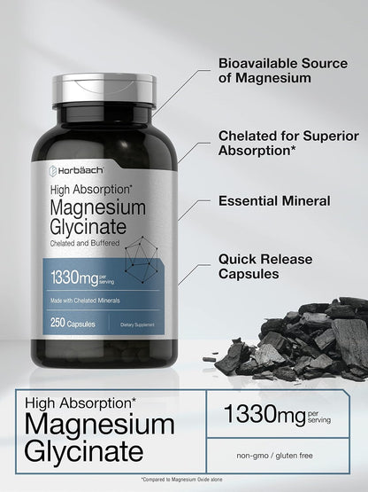 Horbaach Magnesium Glycinate 1330mg | 250 Capsules | Buffered with Chelated Minerals | 240 mg per Serving | Non-GMO, Gluten Free Supplement - PrimeBioHealth - canada supplements