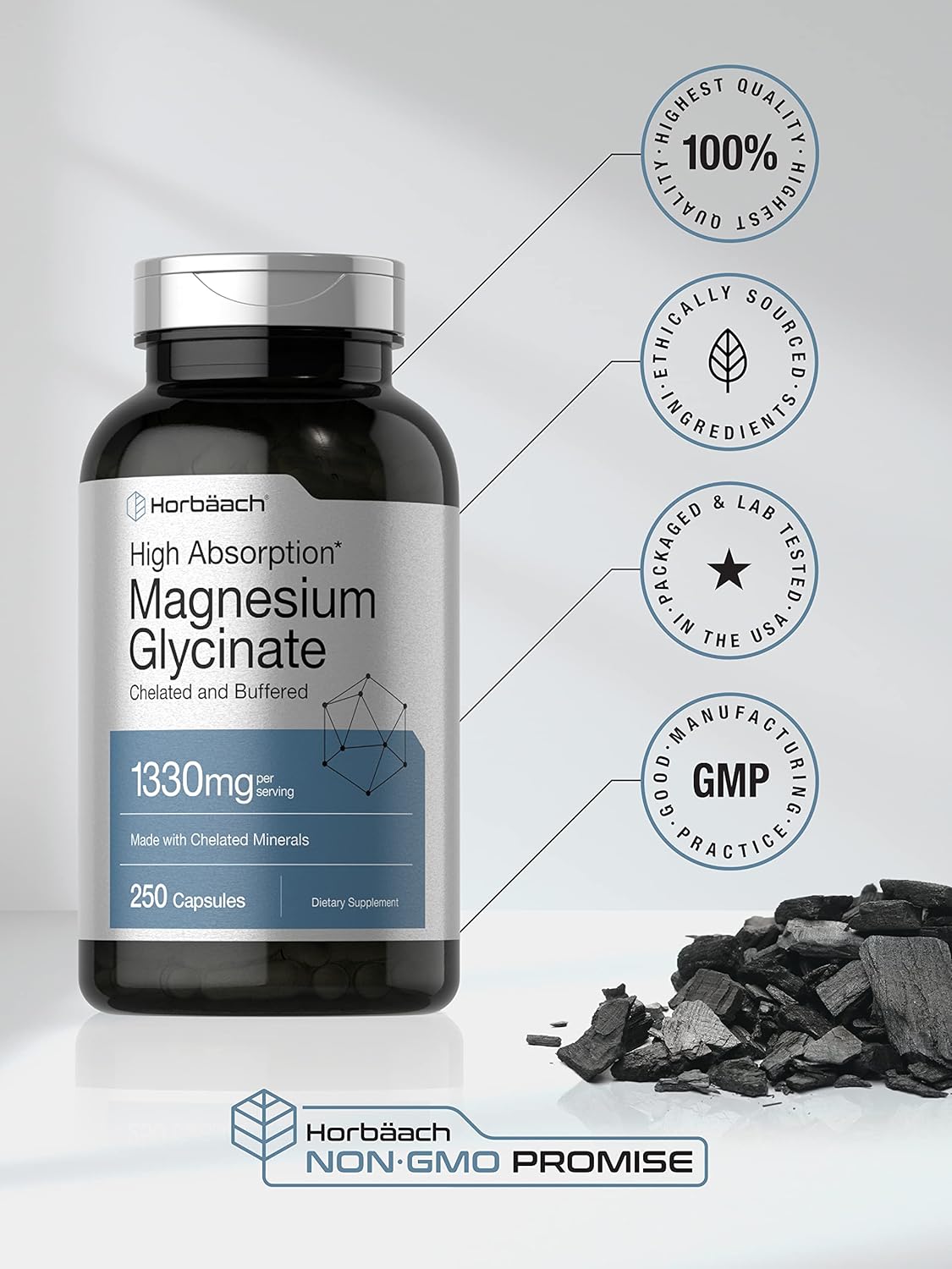 Horbaach Magnesium Glycinate 1330mg | 250 Capsules | Buffered with Chelated Minerals | 240 mg per Serving | Non-GMO, Gluten Free Supplement - PrimeBioHealth - canada supplements