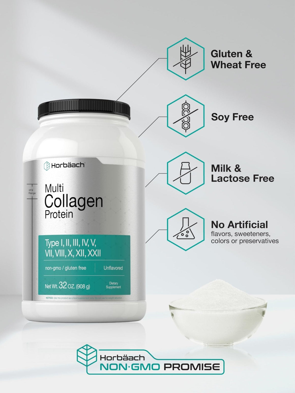 Horbaach Multi Collagen Protein Powder 32 oz | Types I, II, III, IV, V, VII, VIII, X, XII, and XXII | Grassfed Collagen Peptides - PrimeBioHealth - canada supplements