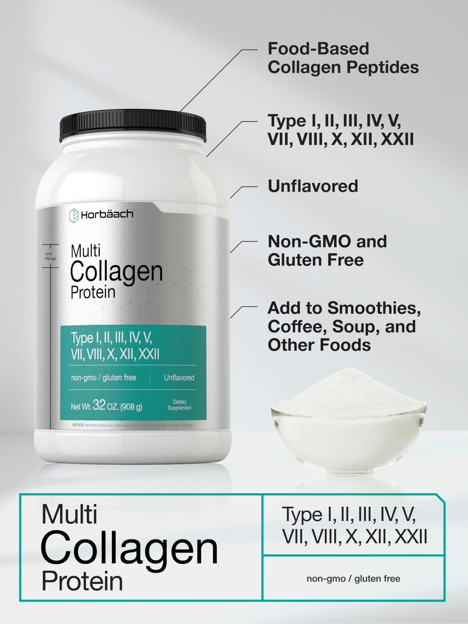 Horbaach Multi Collagen Protein Powder 32 oz | Types I, II, III, IV, V, VII, VIII, X, XII, and XXII | Grassfed Collagen Peptides - PrimeBioHealth - canada supplements