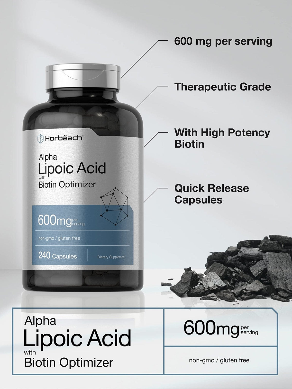 Horbäach Alpha Lipoic Acid 600mg | 240 Capsules | with Biotin Optimizer | Non-GMO and Gluten Free Supplement - PrimeBioHealth - canada supplements