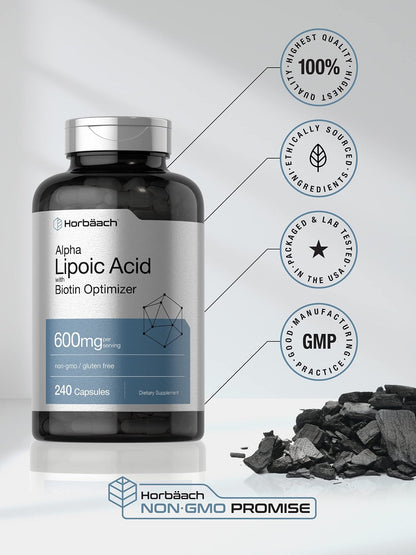 Horbäach Alpha Lipoic Acid 600mg | 240 Capsules | with Biotin Optimizer | Non-GMO and Gluten Free Supplement - PrimeBioHealth - canada supplements