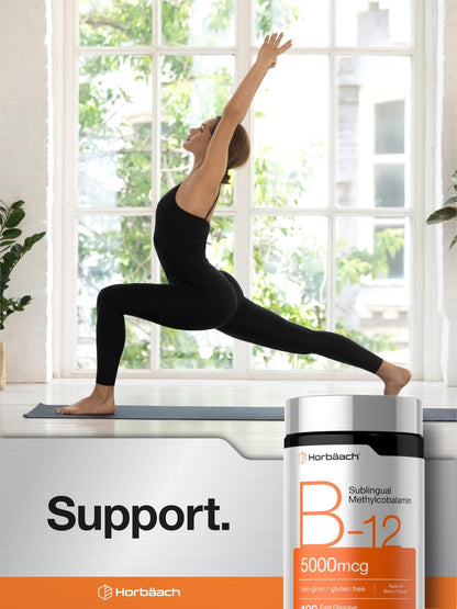Horbäach B12 Vitamin 5000 mcg | 120 Fast Dissolve Tablets | Sublingual Methylcobalamin | Natural Berry Flavor | Vegan, Non-GMO & Gluten Free Supplement - PrimeBioHealth - canada supplements