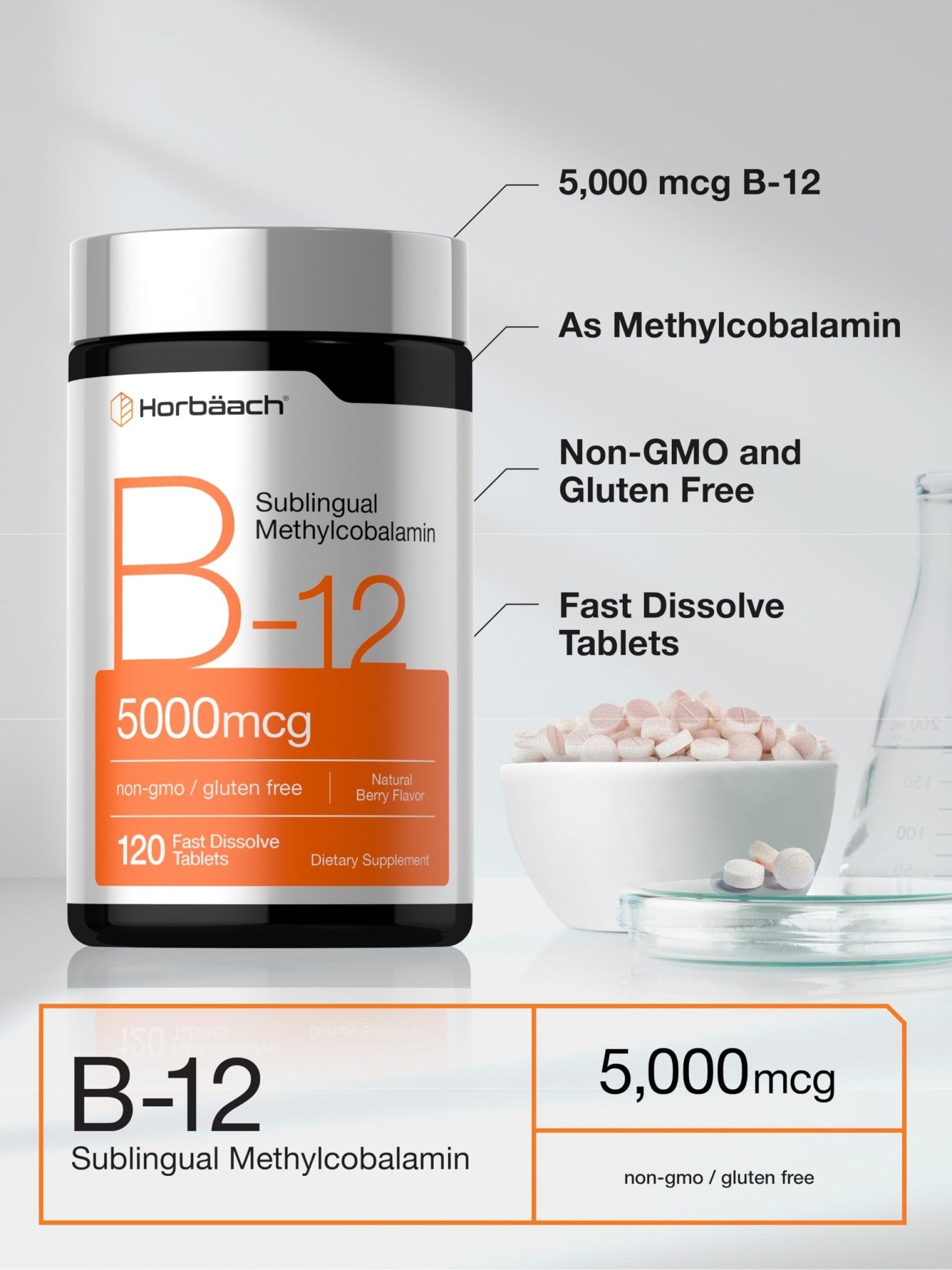 Horbäach B12 Vitamin 5000 mcg | 120 Fast Dissolve Tablets | Sublingual Methylcobalamin | Natural Berry Flavor | Vegan, Non-GMO & Gluten Free Supplement - PrimeBioHealth - canada supplements