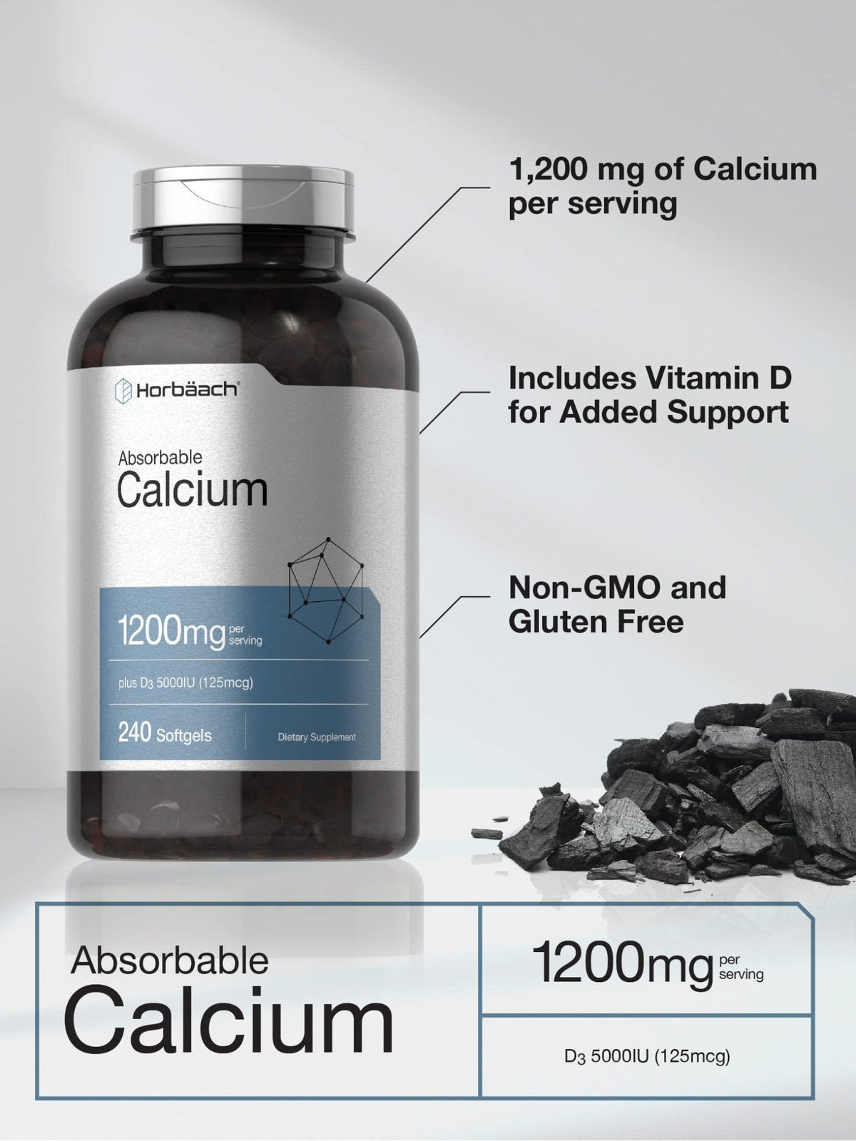 Horbäach Calcium 1200 mg with Vitamin D3 | 240 Softgels | 5000 IU Vitamin D3 | Absorbable Calcium Supplement for Women and Men - PrimeBioHealth - canada supplements