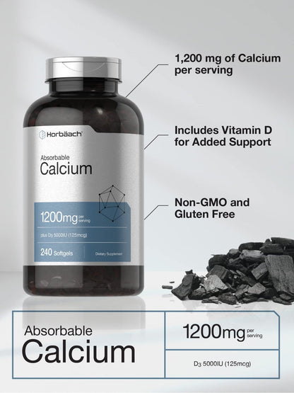 Horbäach Calcium 1200 mg with Vitamin D3 | 240 Softgels | 5000 IU Vitamin D3 | Absorbable Calcium Supplement for Women and Men - PrimeBioHealth - canada supplements