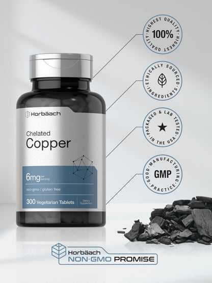 Horbäach Chelated Copper Supplement 6mg | 300 Tablets | Essential Trace Mineral | Vegetarian, Non-GMO, Gluten Free - PrimeBioHealth - canada supplements