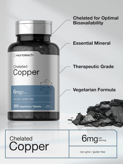 Horbäach Chelated Copper Supplement 6mg | 300 Tablets | Essential Trace Mineral | Vegetarian, Non-GMO, Gluten Free - PrimeBioHealth - canada supplements