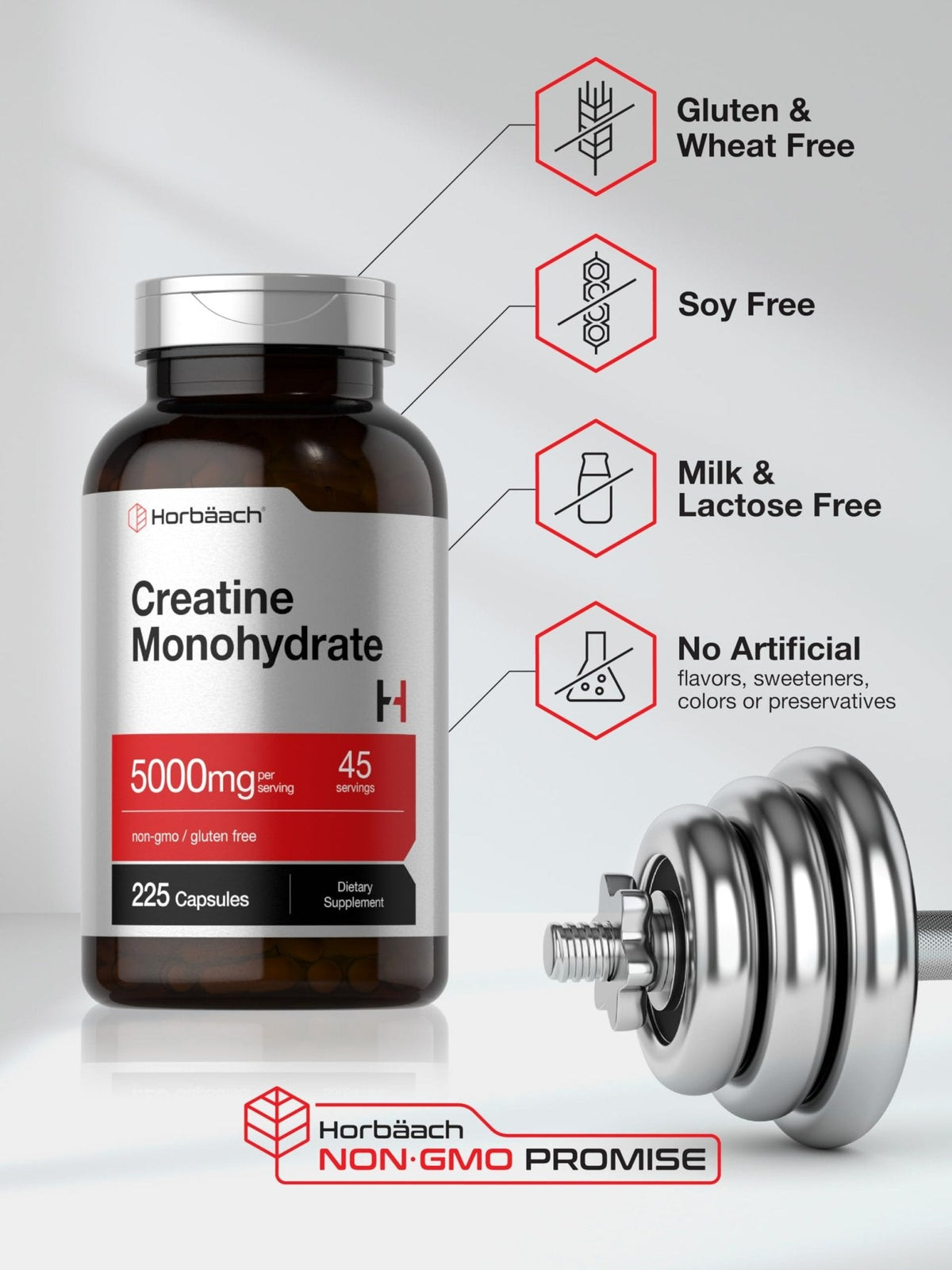 Horbäach Creatine Monohydrate | 5g | 225 Capsules | Non-GMO, Gluten Free Supplement - PrimeBioHealth - canada supplements