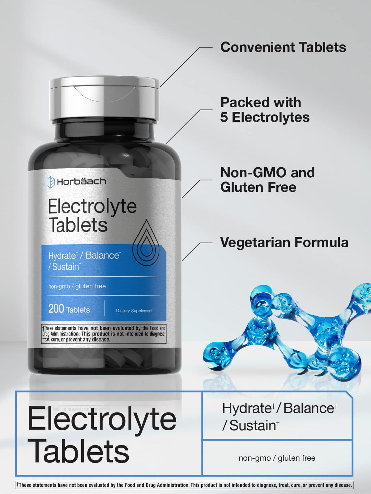 Horbäach Electrolyte Tablets | 200 Count | Helps Hydrate, Balance, & Sustain | with Calcium, Magnesium, Chloride, Sodium and Potassium | Vegetarian, Non-GMO & Gluten Free - PrimeBioHealth - canada supplements