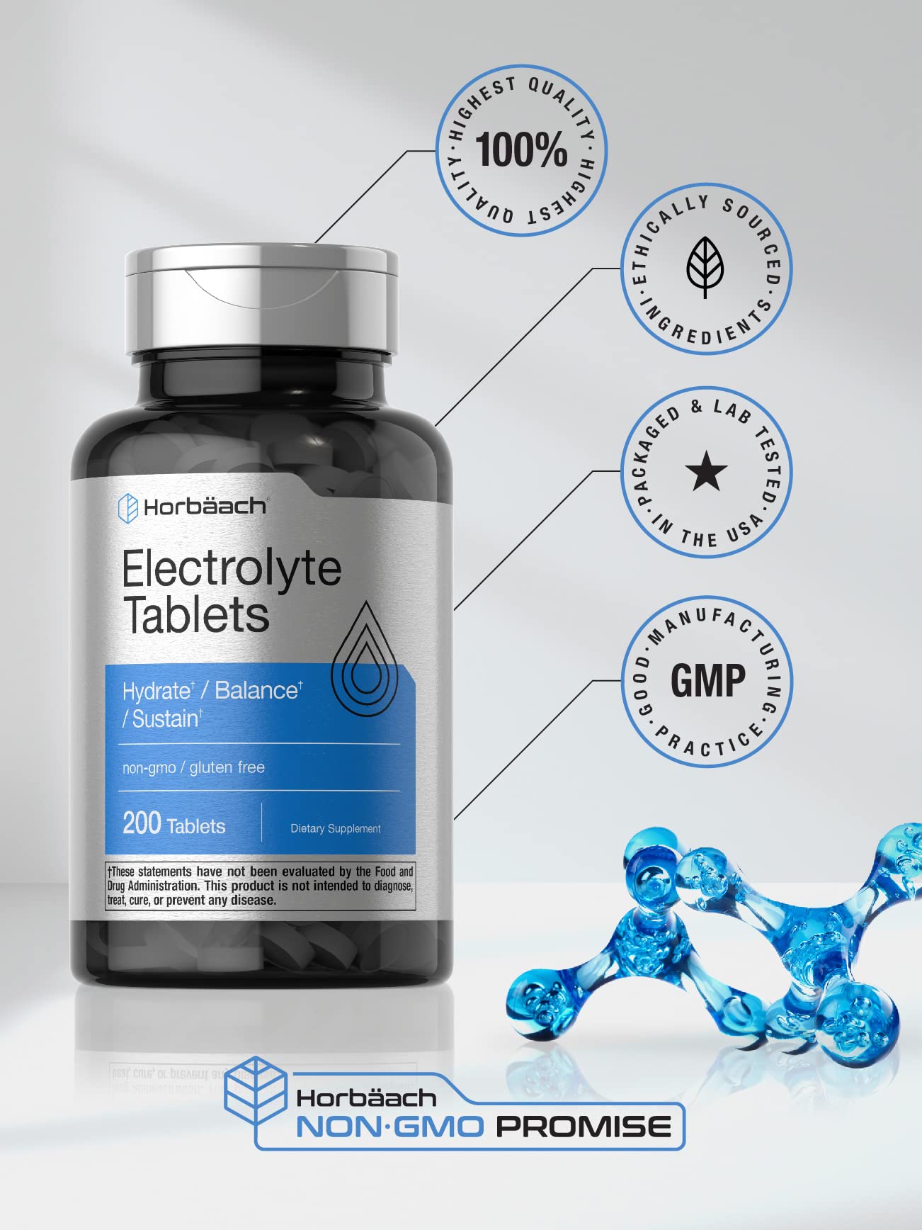 Horbäach Electrolyte Tablets | 200 Count | Helps Hydrate, Balance, & Sustain | with Calcium, Magnesium, Chloride, Sodium and Potassium | Vegetarian, Non-GMO & Gluten Free - PrimeBioHealth - canada supplements