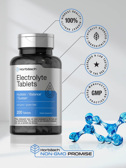 Horbäach Electrolyte Tablets | 200 Count | Helps Hydrate, Balance, & Sustain | with Calcium, Magnesium, Chloride, Sodium and Potassium | Vegetarian, Non-GMO & Gluten Free - PrimeBioHealth - canada supplements