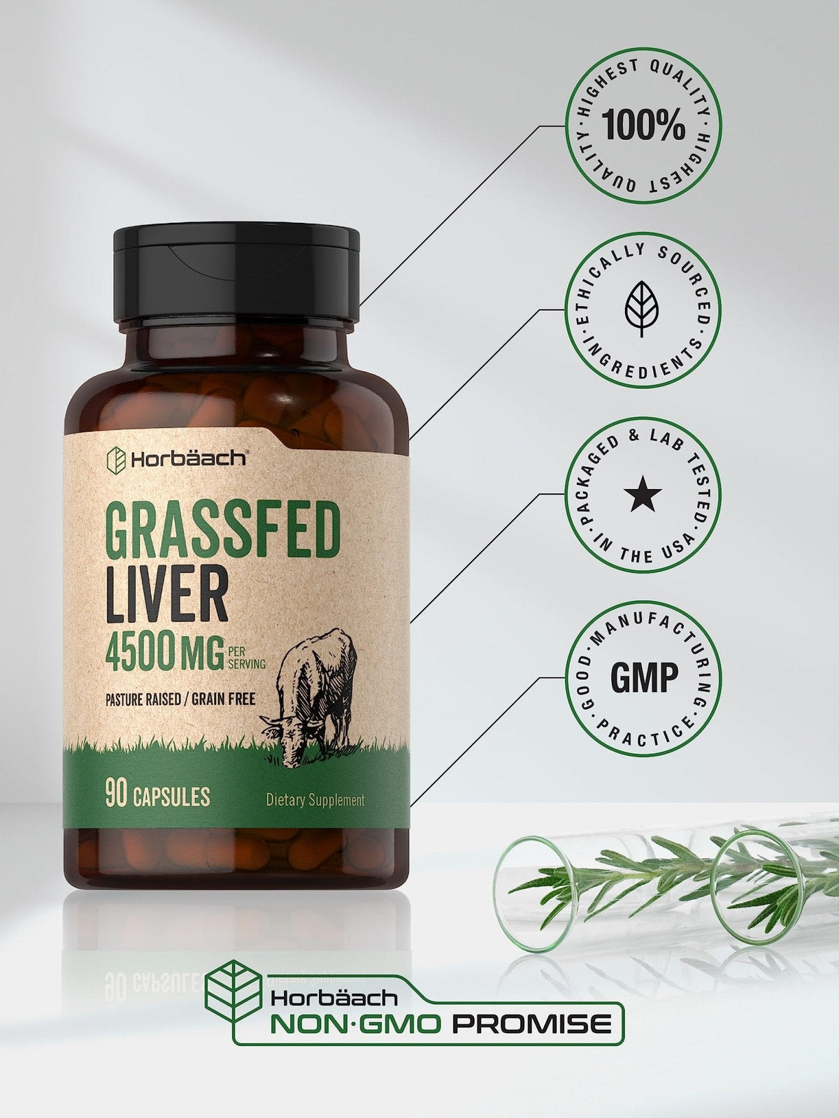 Horbäach Grass Fed Beef Liver | 4500mg | 90 Capsules | Desiccated, Pasture Raised, Grain Free, Non-GMO Supplement - PrimeBioHealth - canada supplements