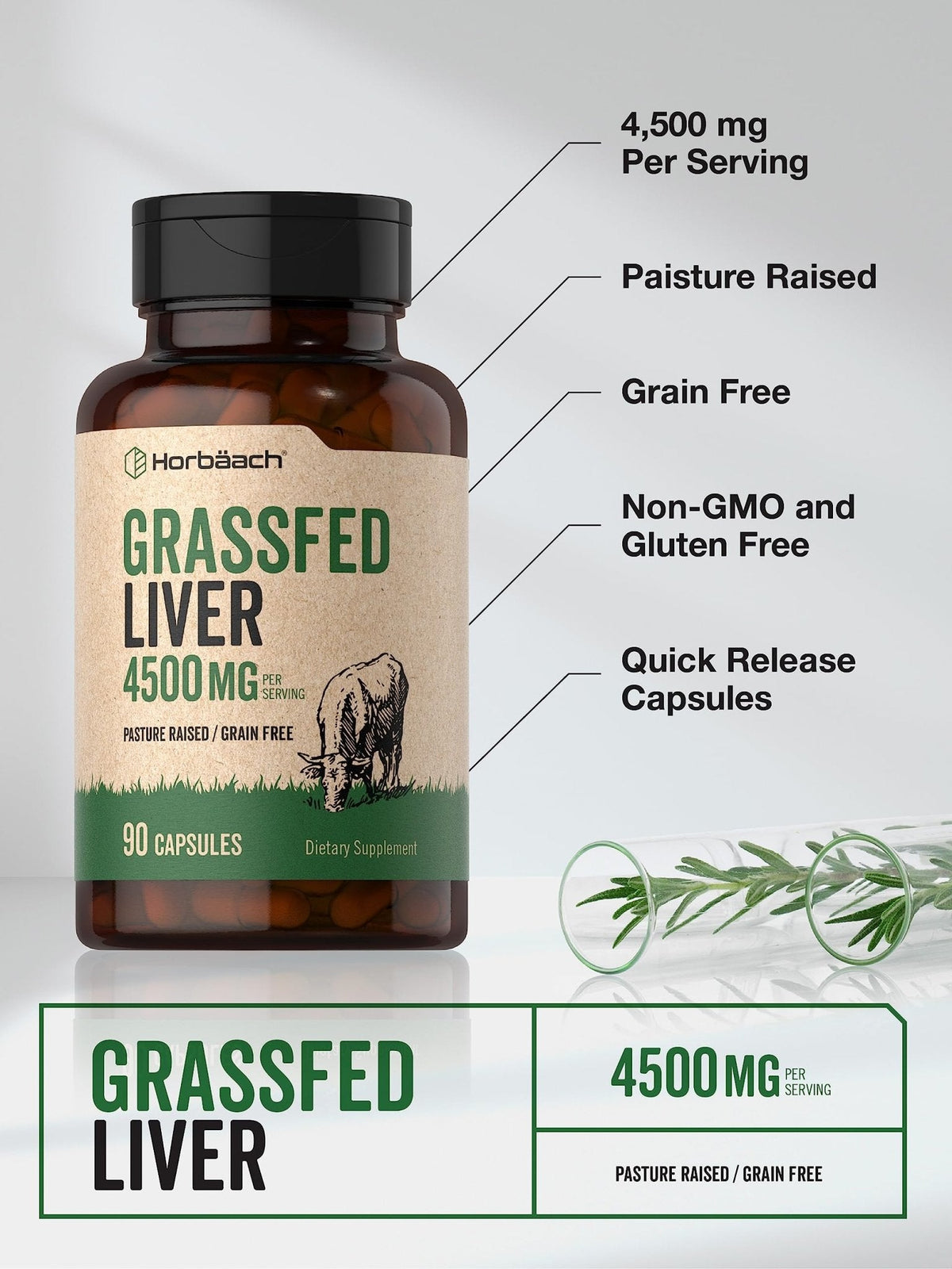 Horbäach Grass Fed Beef Liver | 4500mg | 90 Capsules | Desiccated, Pasture Raised, Grain Free, Non-GMO Supplement - PrimeBioHealth - canada supplements