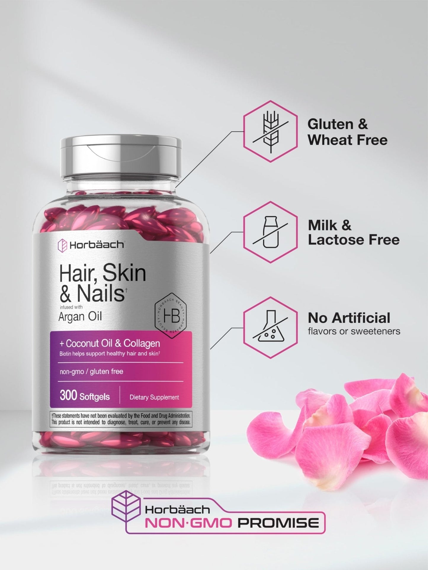 Horbäach Hair Skin and Nails Vitamins | 300 Softgels | with Biotin and Collagen | Infused with Argan Oil and Coconut Oil - PrimeBioHealth - canada supplements