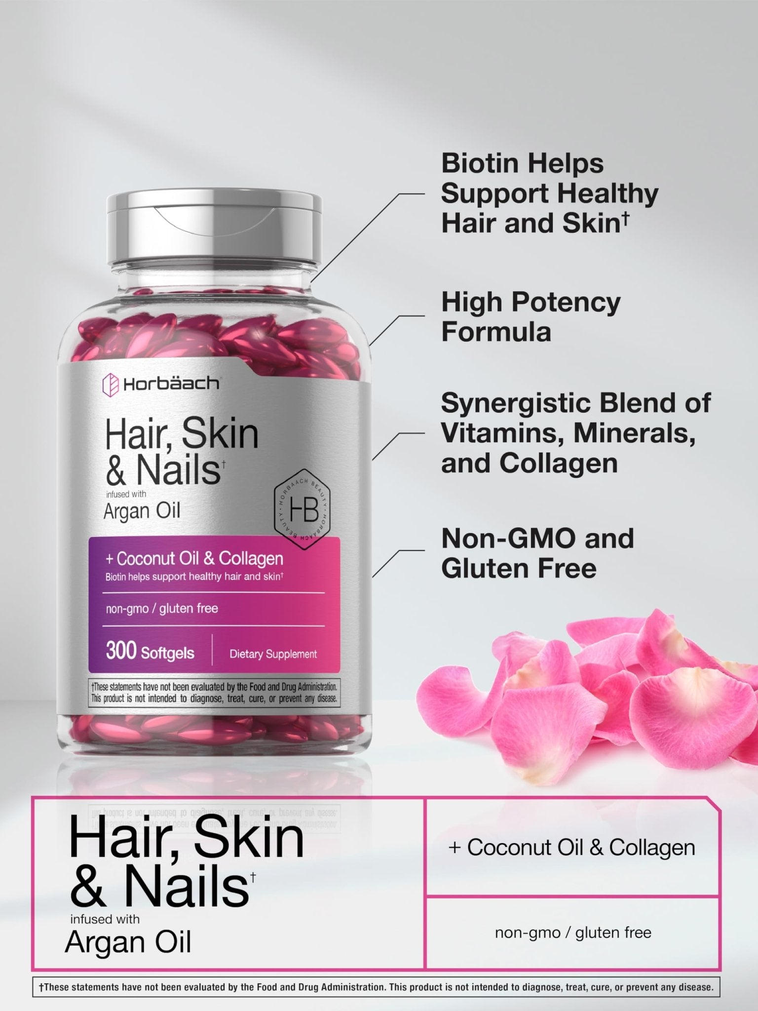 Horbäach Hair Skin and Nails Vitamins | 300 Softgels | with Biotin and Collagen | Infused with Argan Oil and Coconut Oil - PrimeBioHealth - canada supplements