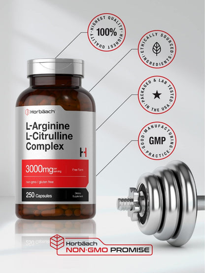 Horbäach L-Arginine L-Citrulline Complex | 3000mg | 250 Capsules | Non-GMO, Gluten Free Supplement - PrimeBioHealth - canada supplements