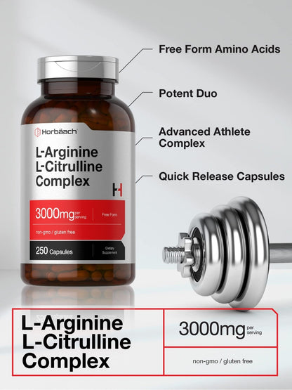 Horbäach L-Arginine L-Citrulline Complex | 3000mg | 250 Capsules | Non-GMO, Gluten Free Supplement - PrimeBioHealth - canada supplements