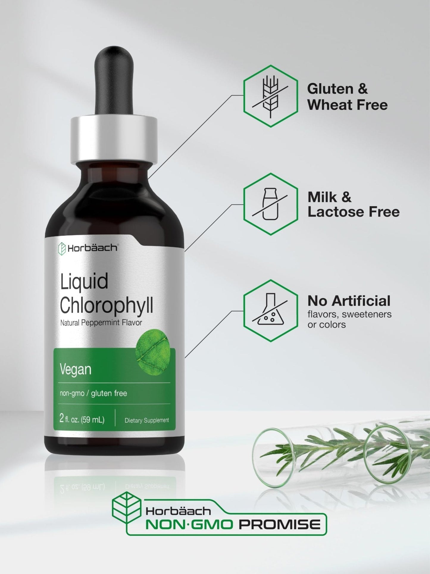 Horbäach Liquid Chlorophyll Drops | 2 oz | Vegan, Non-GMO, and Gluten Free Formula | Natural Peppermint Flavor - PrimeBioHealth - canada supplements