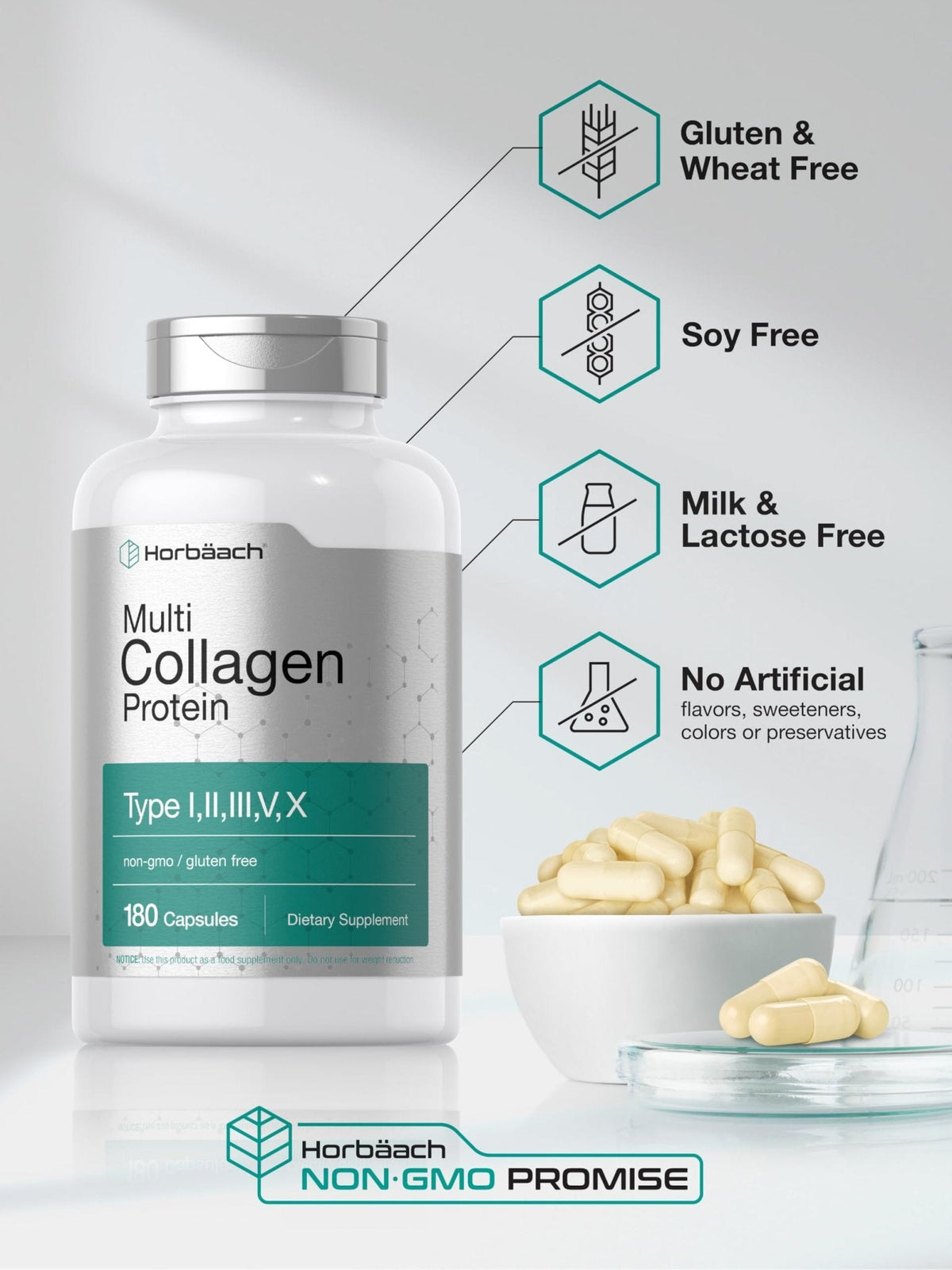 Horbäach Multi Collagen Protein 2000 mg | 180 Capsules | Hydrolyzed Collagen Type I, II, III, V, X | Keto & Paleo Friendly, Non-GMO, Gluten Free Supplement - PrimeBioHealth - canada supplements