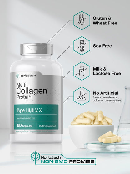 Horbäach Multi Collagen Protein 2000 mg | 180 Capsules | Hydrolyzed Collagen Type I, II, III, V, X | Keto & Paleo Friendly, Non-GMO, Gluten Free Supplement - PrimeBioHealth - canada supplements