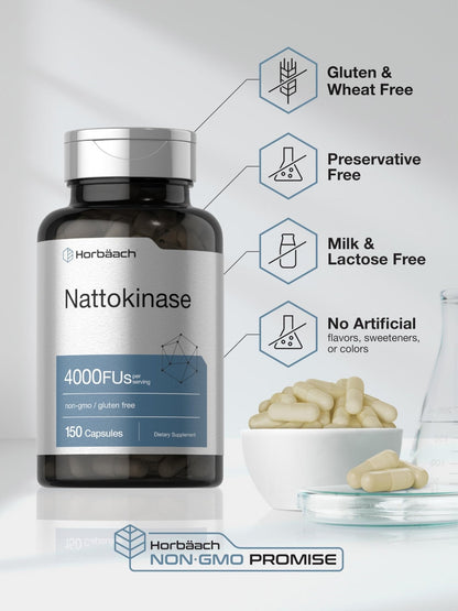 Horbäach Nattokinase Supplement 4000 FU | 150 Capsules | Non-GMO, Gluten Free - PrimeBioHealth - canada supplements