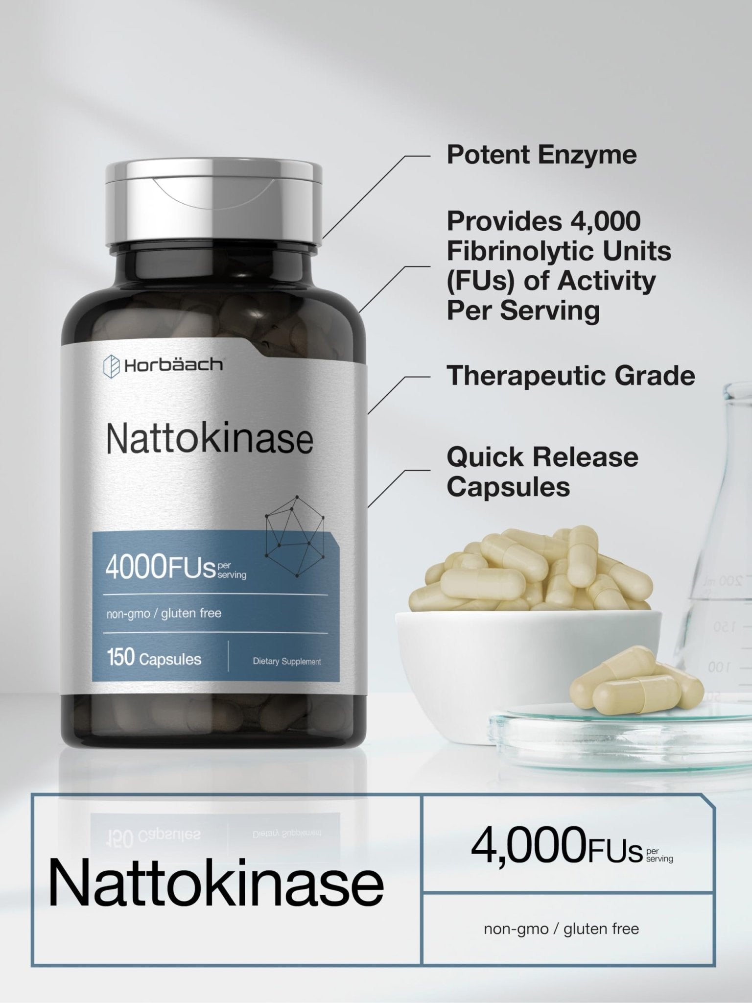 Horbäach Nattokinase Supplement 4000 FU | 150 Capsules | Non-GMO, Gluten Free - PrimeBioHealth - canada supplements