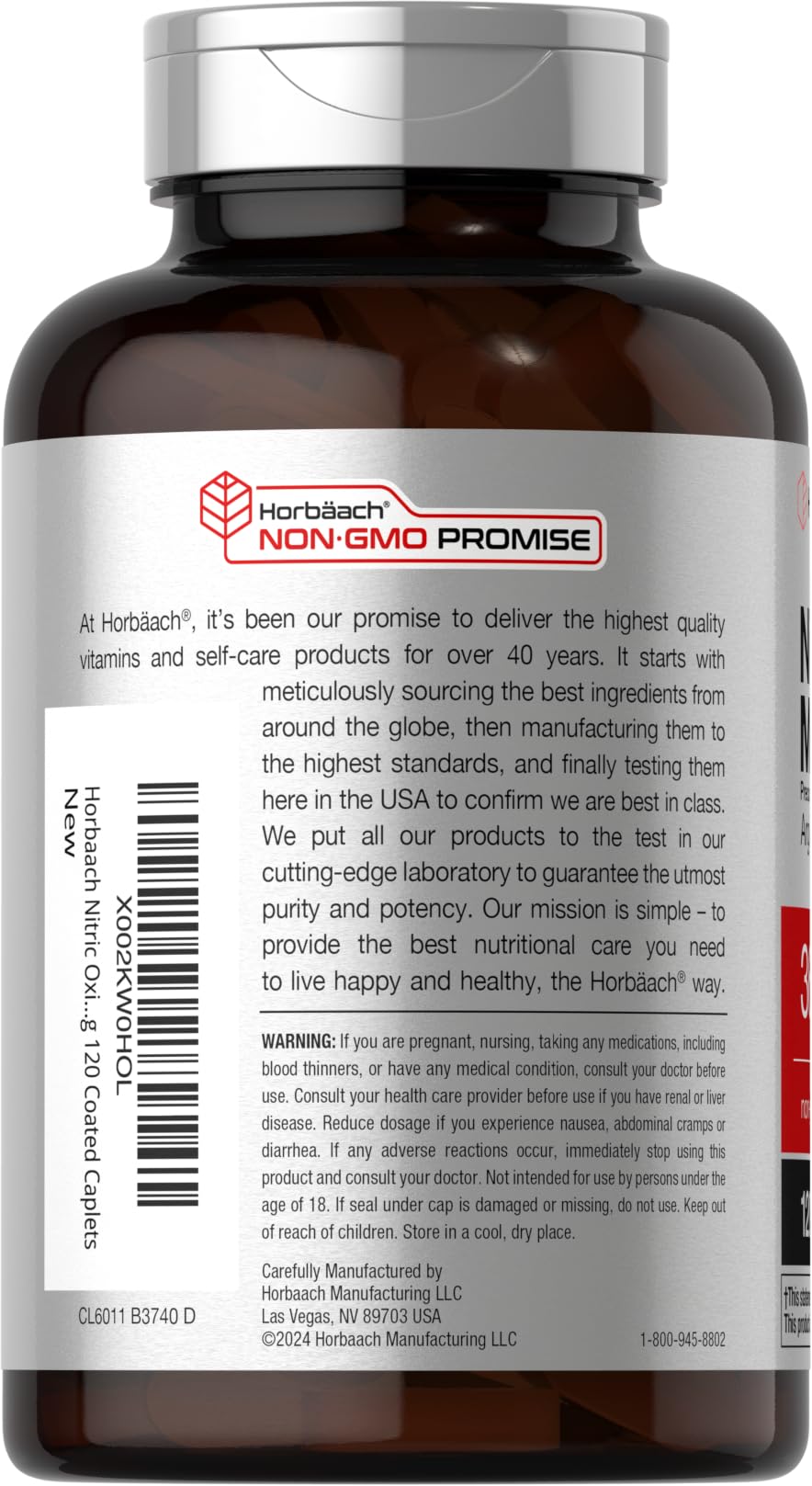Horbäach Nitric Oxide Max 3600mg | 120 Caplets | with Arginine AAKG for Men and Women | Vegetarian, Non-GMO - PrimeBioHealth - canada supplements