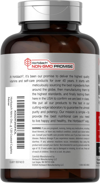 Horbäach Nitric Oxide Max 3600mg | 120 Caplets | with Arginine AAKG for Men and Women | Vegetarian, Non-GMO - PrimeBioHealth - canada supplements