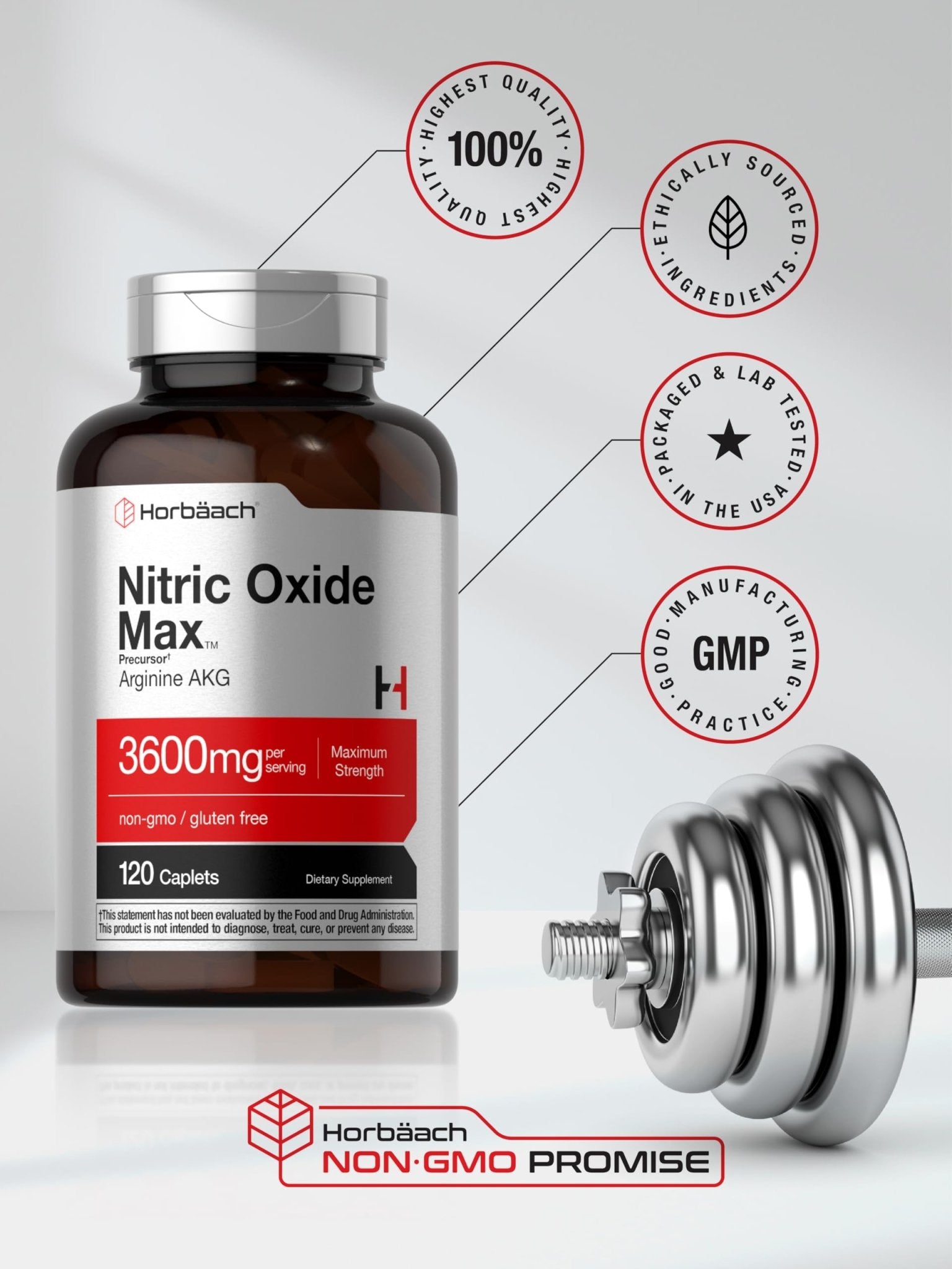 Horbäach Nitric Oxide Max 3600mg | 120 Caplets | with Arginine AAKG for Men and Women | Vegetarian, Non-GMO - PrimeBioHealth - canada supplements