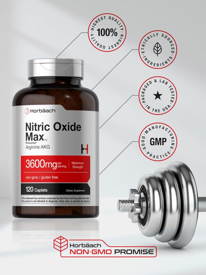 Horbäach Nitric Oxide Max 3600mg | 120 Caplets | with Arginine AAKG for Men and Women | Vegetarian, Non-GMO - PrimeBioHealth - canada supplements