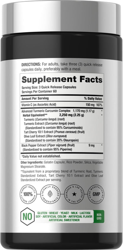 Horbäach Turmeric Curcumin Supplement | 180 Capsules | with Black Pepper & Tart Cherry | Non-GMO & Gluten Free - PrimeBioHealth - canada supplements
