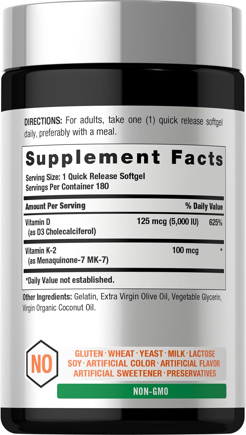 Horbäach Vitamin D3 K2 5000 iu | 100mcg MK-7 Complex | 180 Softgel Capsules | Non-GMO & Gluten Free Supplement - PrimeBioHealth - canada supplements