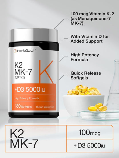 Horbäach Vitamin D3 K2 5000 iu | 100mcg MK-7 Complex | 180 Softgel Capsules | Non-GMO & Gluten Free Supplement - PrimeBioHealth - canada supplements
