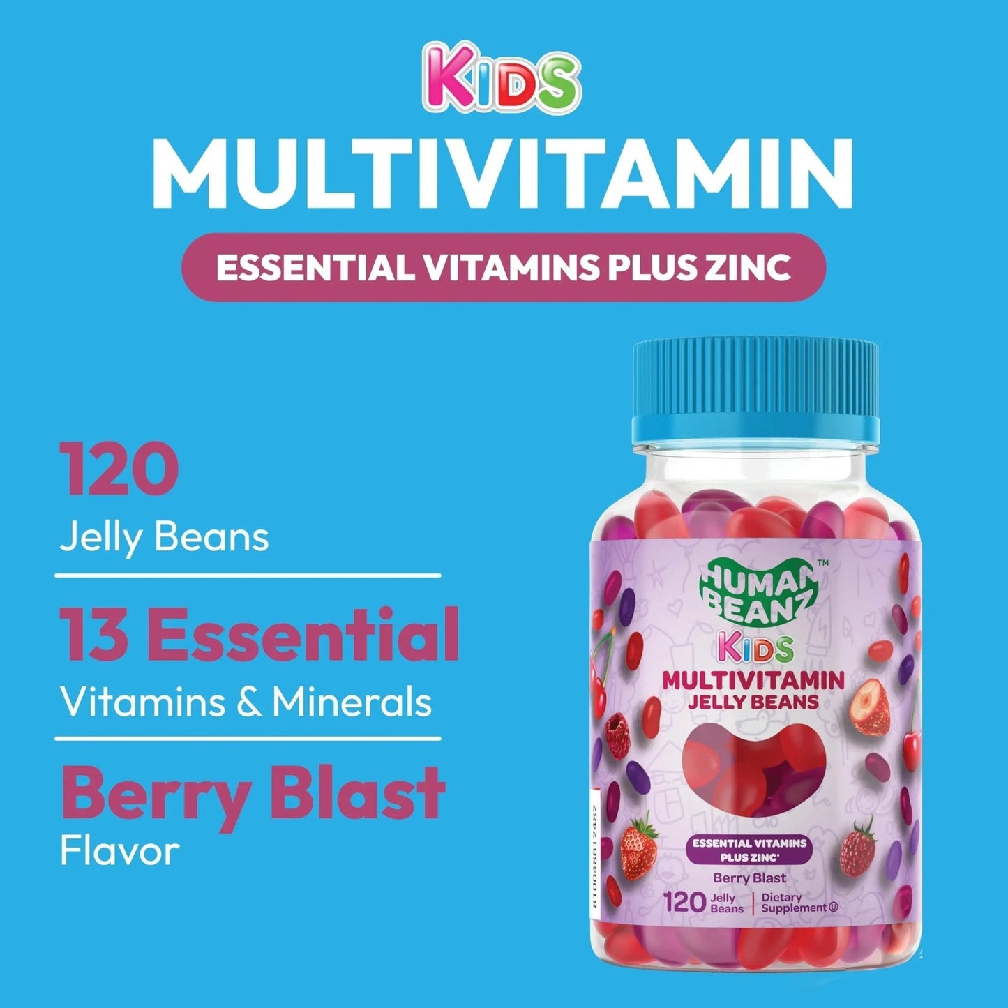 Human Beanz Multivitamin Jelly Bean Gummies with Zinc for Kids, Immune Support Dietary Supplements, Vegetarian, 120 Berry Blast Jelly Beans, Kosher - PrimeBioHealth - canada supplements