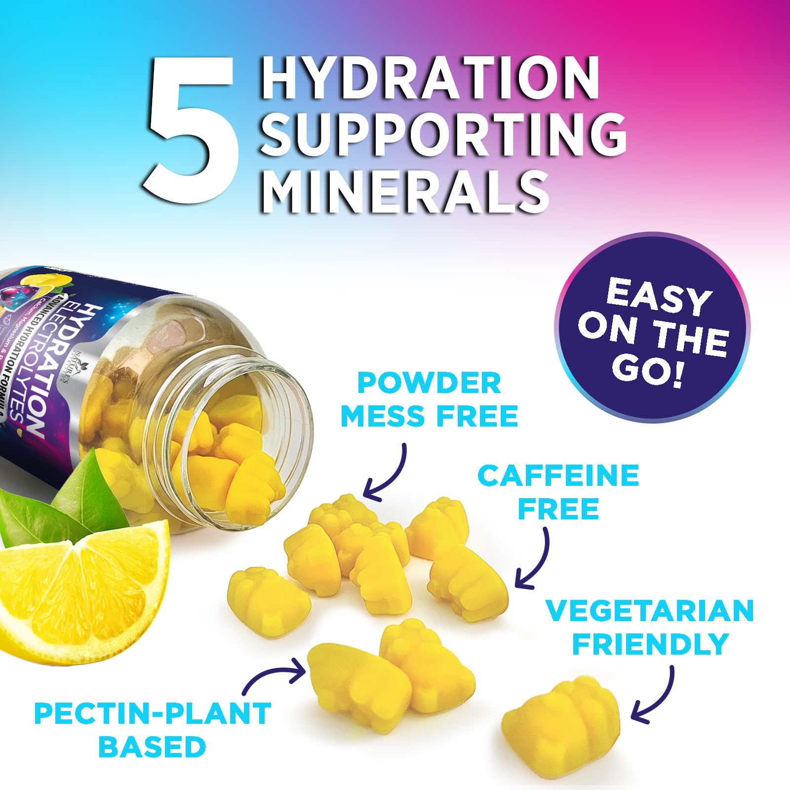 Hydration Electrolyte Gummies - Daily Liquid Replenisher Gummy - Electrolyte Multiplier with Minerals, Potassium & Real Salt - Vegan, Non-GMO - Tasty Lemon Flavor Hydration Electrolytes - PrimeBioHealth - canada supplements