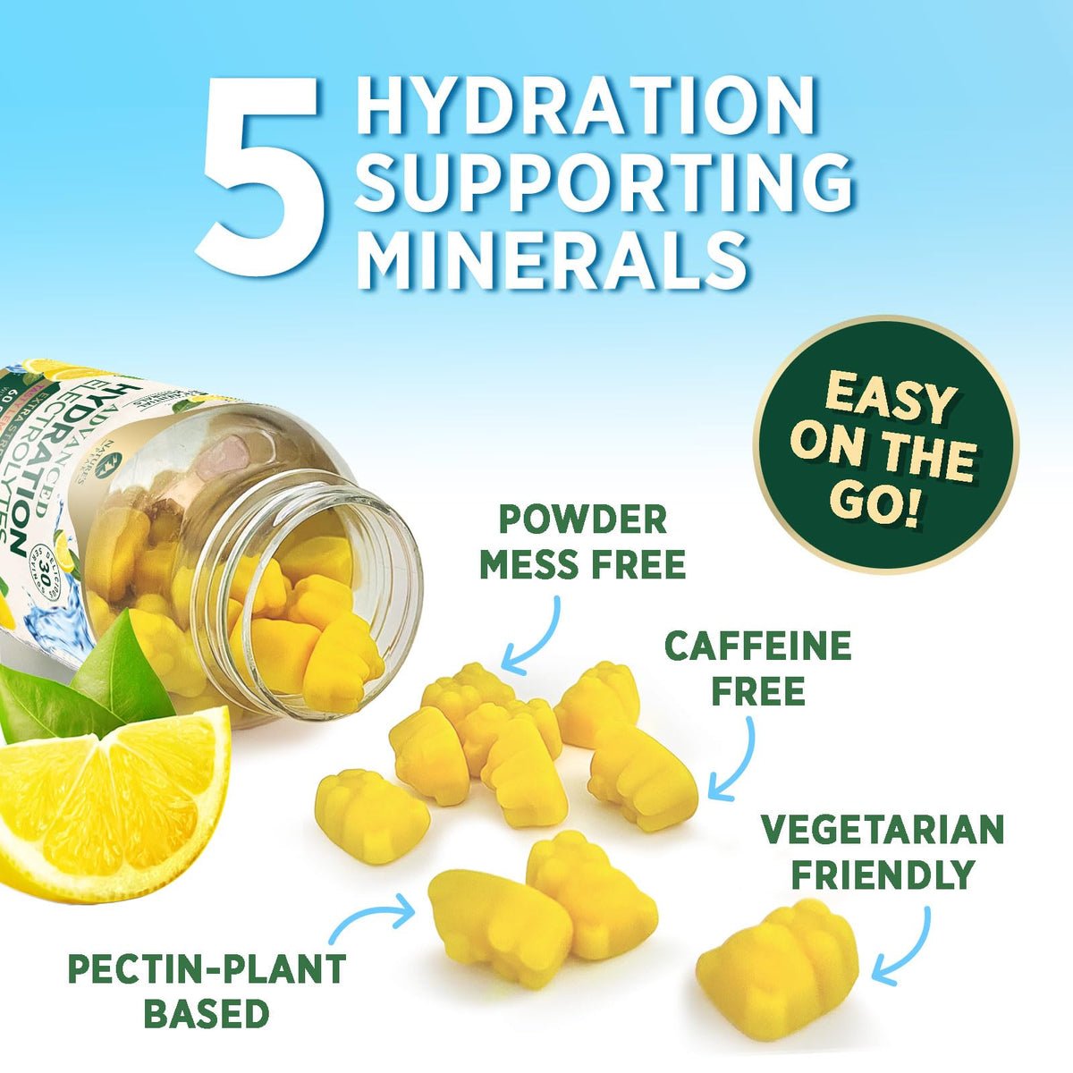Hydration Electrolyte Gummies - Daily Liquid Replenisher Gummy - Electrolyte Multiplier with Minerals, Potassium & Real Salt - Vegan, Non-GMO - Tasty Lemon Flavor Hydration Electrolytes - 60 Gummies - PrimeBioHealth - canada supplements
