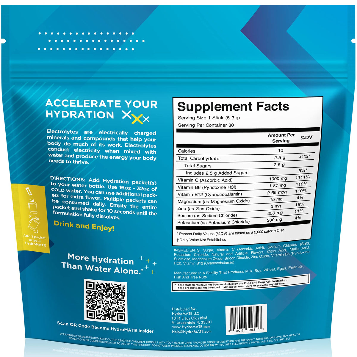 HydroMATE Electrolyte Powder Lemon Lime Hydration Packets Low Sugar 30 Count - PrimeBioHealth - canada supplements